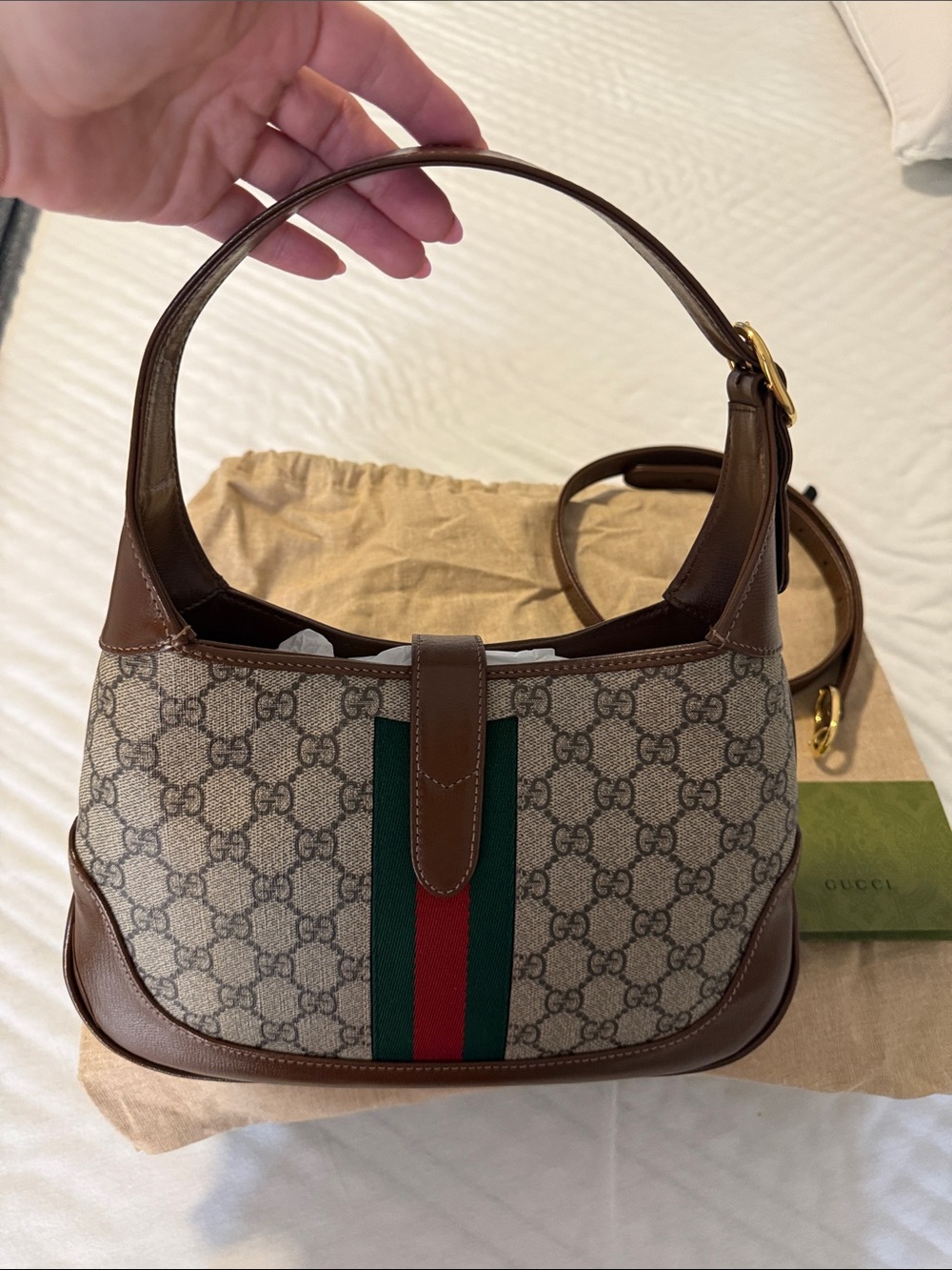 Gucci Brown GG Supreme Shoulder Bag with Green-Red Web - Picture 8 of 16
